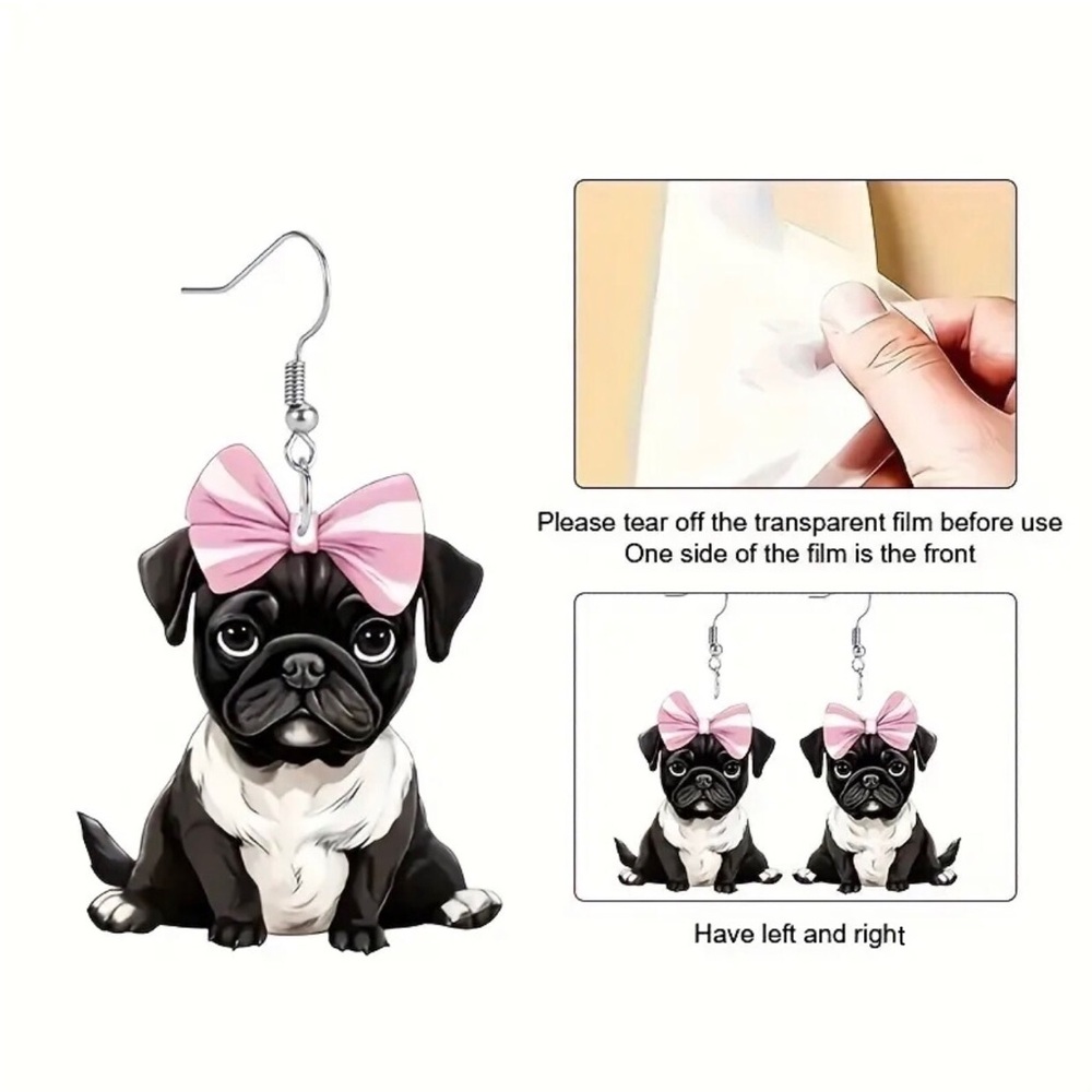 Adorable Pug Earrings with Pink Bow - Picture 4 of 5